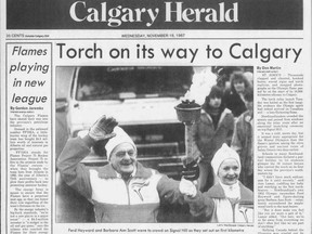 On this day in history, in 1987 Prime Minister Brian Mulroney lit the 1988 Winter Olympic Games torch atop Signal Hill in St. John's, Nfld. The torch was carried by 7,000 Canadians on its way to the Games in Calgary, arriving the following Feb. 13th. Calgary Herald archives.