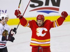 Calgary Flames forward Milan Lucic scores on Chicago Blackhawks goalie Marc-Andre Fleury in first-period NHL action on Tuesday night at the Scotiabank Saddledome.