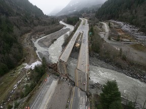 Heavily damaged bridges on the Coquihalla Highway near Hope, B.C., on Thursday, Nov. 18, 2021.