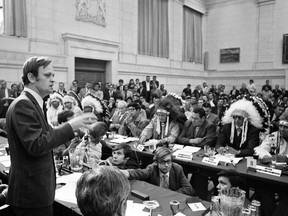 Jean Chretien, the minister of Indian affairs, speaks during a dramatic meeting with the entire federal cabinet and a delegation of about 200 Indigenous leaders representing most provinces on Parliament Hill in Ottawa on June 4, 1970.