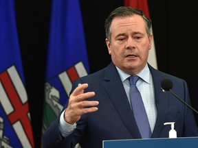 Premier Jason Kenney provides an update on COVID-19 and the vaccine for young children during a news conference in Edmonton on Tuesday, Nov. 23, 2021.