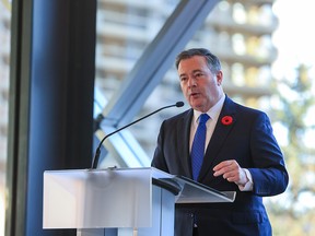 Alberta Premier Jason Kenney speaks during the announcement at the Tellus Convention Center on Monday.