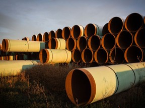 Miles of unused pipe, prepared for the proposed Keystone XL pipeline, sit in a lot outside Gascoyne, North Dakota in 2014. TC Energy suspended construction on the pipeline and terminated the project after U.S. President Joe Biden revoked its permit.
