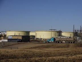 Gibson Energy Inc. oil storage tanks in Hardisty, Alberta on April 21, 2020.