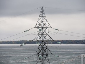 Power lines at the Hydro-Quebec Beauharnois hydroelectric generating station on the Saint Lawrence River in Beauharnois, Quebec on Oct. 14, 2021.
