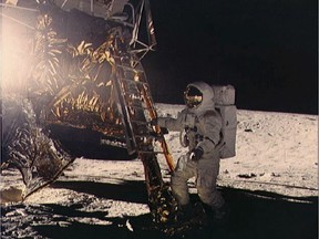 On this day in history in 1969, Apollo 12 astronauts Charles Conrad and Alan Bean made the second manned landing on the moon. This is a photo provided by NASA of Alan Bean stepping onto the moon in 1969 during the Apollo 12 mission. Bean became the fourth man to walk on the moon and one of his famous quotes, as he approached the moon was, "Hey, look at that crater! Right where it's supposed to be. Hey, you're beautiful." Archive photo, courtesy NASA.
