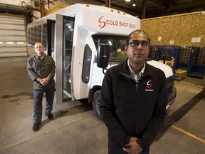 Sunny Balwaria, President, Cold Shot, with Sam Sayegh, President J&L Shuttle Services in the background. Photo taken on Thursday, Oct. 15, 2020 in Edmonton.