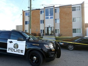 Calgary police investigate a suspicious death at an apartment complex at 1820 14 Ave. NE in Calgary on Saturday, November 6, 2021.