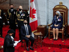 Canada's Prime Minister Justin Trudeau and Governor General Mary May Simon attend the Throne Speech ceremony in the Senate, as parliament prepares to resume in Ottawa, on Nov. 23, 2021.