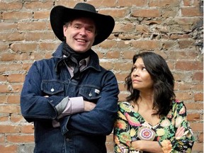 Alberta country music singer Corb Lund with actor-director Michelle Thrush. Lund wrote the music for Making Treaty 7's latest play, Time Stands Still, directed by Thrush. Courtesy, Caleigh Crow