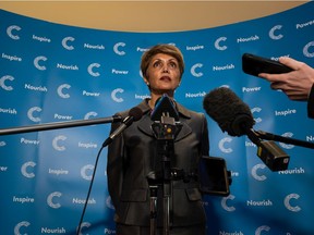 Mayor Jyoti Gondek speaks with the media after a Q&A segment hosted by Calgary Chamber at Hyatt Regency Calgary on Friday, November 19, 2021. City council's declaration of a climate emergency is only a smokescreen for higher taxes and feeling morally superior, says columnist Chris Nelson.