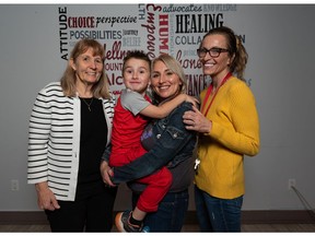 From left: Shelley Heartwell, executive director; Loni Gladue and her four-year-old son Rylan, residents at Alcove Addiction Recovery for Women; and Shannon Gladue (no relation), addictions councillor.
