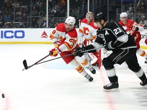 Dillon Dube #29 of the Calgary Flames clears the puck from Dustin Brown #23 of the Los Angeles Kings during the second period at Staples Center on December 02, 2021 in Los Angeles, California.