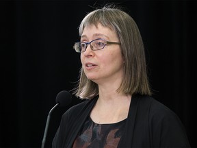 Alberta's head of health Dr.  Deena Hinshaw provides an update on the province's response to COVID-19 and the new Omicron variant during a press conference in Edmonton, Monday, November 29, 2021.