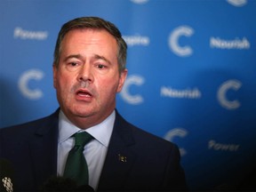 Alberta Premier Jason Kenney addresses media after a noon hour speech at a Calgary Chamber of Commerce event in Calgary at the Westin Hotel on Wednesday, December 8, 2021.