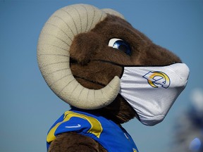 The Los Angeles Rams mascot Rampage wears a face mask on December 22, 2020 in Inglewood, California.