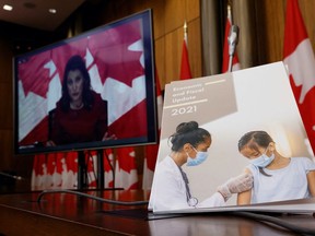 Canada's Deputy Prime Minister and Minister of Finance Chrystia Freeland virtually takes part in a news conference before tabling the government’s economic and fiscal update in Ottawa, Ontario, Canada December 14, 2021.