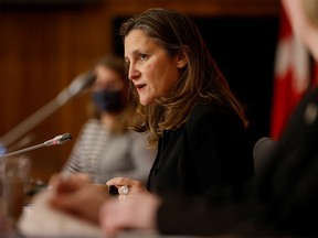 Canada's Deputy Prime Minister and Minister of Finance Chrystia Freeland speaks at a news conference in Ottawa, Ontario, Canada November 24, 2021.