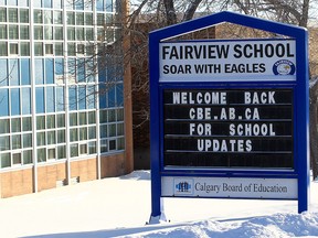 An information sign outside Fairview School in southeastern Calgary on Wednesday, December 29, 2021.