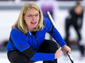 Skip Shannon Kleibrink calls a shot during the Autumn Gold Curling Classic in Calgary on Oct. 11, 2015.