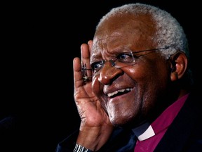 Archbishop Desmond Tutu gestures at the launch of a human rights campaign marking the 60th anniversary of the signing of the Universal Declaration of Human Rights , December 10, 2007