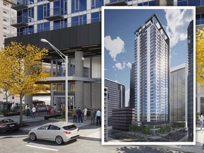 Renderings of a 35-storey tower proposed for 4th Avenue S.W. in downtown Calgary.