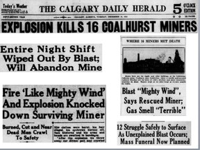 Headlines from the Calgary Herald and Edmonton Journal in December 1935, about the Coalhurst mine explosion.