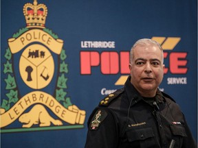 Lethbridge Police Chief Shahin Mehdizadeh speaks during a news conference in Lethbridge, Alta., on Wednesday, March 10, 2021, to acknowledge matters being investigated in relation to officers doing unauthorized computer searches on local MLA Shannon Phillips.