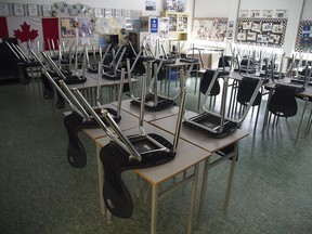 An empty classroom at Eric Hamber Secondary school in Vancouver on March 23, 2020.