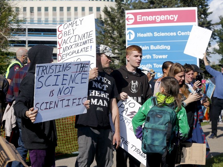  Police had a heavy presences as Anitifa and protestors clash during a rally at the Foothills hospital put on by the Canadian Frontline Nurses in Calgary on Monday, September 13, 2021.