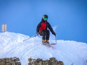 A skier carves into a run at Banff's Sunshine Village.