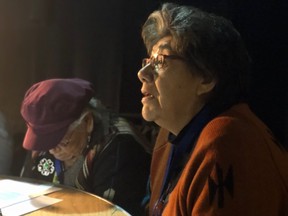 Myrna Powderface (right) and elder Kathleen Poucette (left) participate in a workshop with The Language Conservancy.