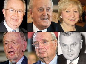 Former prime ministers, from left, Joe Clark, Brian Mulroney, Kim Campbell, Jean Chretien, Paul Martin and John Diefenbaker.