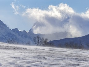 Snow blows across the hills in the Belly River country west of Mountain View, Ab., on Tuesday, January 25, 2022.