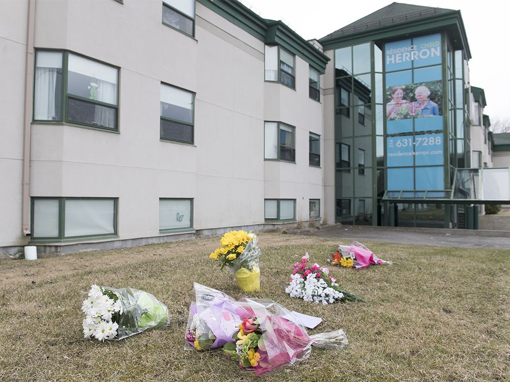  Flowers are shown outside Maison Herron, a long-term care home in the Montreal suburb of Dorval on April 12, 2020.