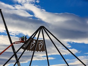 The giant tipi sculpture that celebrates the First Nations of Treaty 7 is reinstalled at the entrance to the Calgary Stampede’s Elbow River Camp area on Thursday, January 13, 2022. The sculpture was moved from its original location on the west side of Stampede Park to facilitate the redesign of the Stampede LRT station.