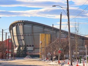 The Scotiabank Saddledome is seen from Calgary's East Village on Thursday, January 13, 2022.
