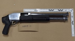 Calgary Police seized multiple guns from a Beltline apartment after a hole was shot into a neighboring apartment in the early hours of January 25, 2022.  Calgary Police Service photo
