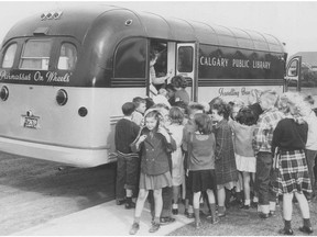 "Parnassus on Wheels":  In 1956, Calgary's new bookmobile travelled to the communities where there were no library branches. Children from Glengarry school had the first opportunity to check out the interior of the bus, which was named after a mountain in Greece, believed to be the home of Greek God Apollo. The mobile library was equipped with 4,000 books. Calgary Herald file photo.