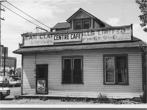 Before it was known as the 1886 Buffalo Cafe, this 1971 photo shows the Center Cafe, in the former Eau Claire Lumber office.  Calgary Herald archives.
