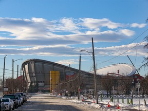 The Scotiabank Saddledome is seen from Calgary’s East Village on Thursday, January 13, 2022.