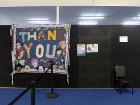 A handmade Thank You sign in the waiting area at the Western Health Vaccination Hub in Melbourne, Australia, on Friday, Jan, 7, 2022.