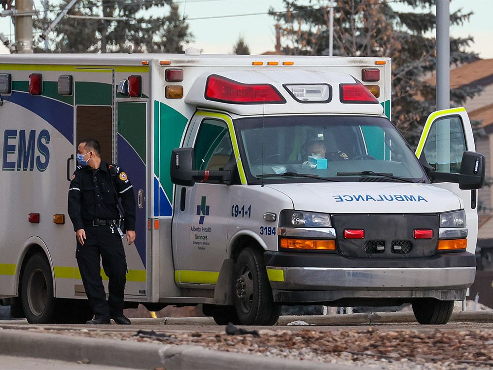  Ambulances and paramedics at the Peter Lougheed Centre in Calgary on Monday, Jan. 17, 2022.