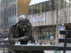 The winner sculpture as for lease signs are everywhere in downtown Calgary on Saturday, January 29, 2022.