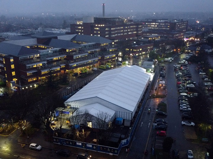  A temporary COVID-19 field hospital on the grounds of St. George’s Hospital in London, England, on Jan. 11, 2022.