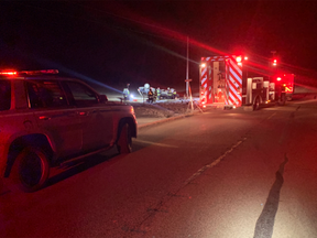 The scene of a single-vehicle fatal collision near Nanton. A 52-year-old man from Three Hills, the lone occupant of the vehicle, died in the crash.