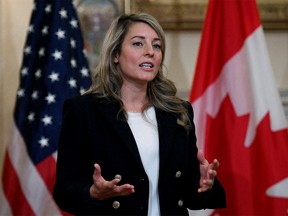 FILE PHOTO: Canadian Foreign Minister Melanie Joly speaks during a meeting with U.S. Secretary of State Antony Blinken (out of frame) at the State Department in Washington, DC, November 12 , 2021.
