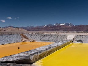 Brine evaporation pools at Liex's 3Q lithium mine project in Argentina. Liex, a wholly-owned subsidiary of Neo Lithium, operates the project, the largest and oldest lithium producing region in Argentina. Anita Pouchard Serra/Bloomberg