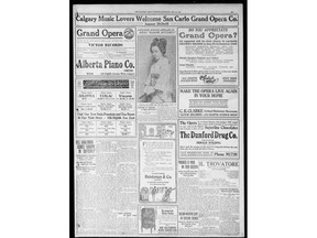 Historian Don Smith writes that Calgary was eager to celebrate the end of the First World War and the waning of the Spanish flu pandemic.
One of those celebrations was the staging of a Puccini opera. The Calgary Herald reviews the San Carlo Opera Company's performance of Madama Butterfly with Japanese prima donna Haru Onuki on Jan. 24, 1919. "MLE. Haru Onuki scores triumph in 'Butterfly'" is the headline on the review.