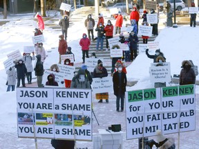 The Chinese community held a rally at the McDougall Centre in Calgary on Saturday, Jan. 1, 2022, to demand a public apology from Premier Jason Kenney over his comment about Wuhan "bat soup."